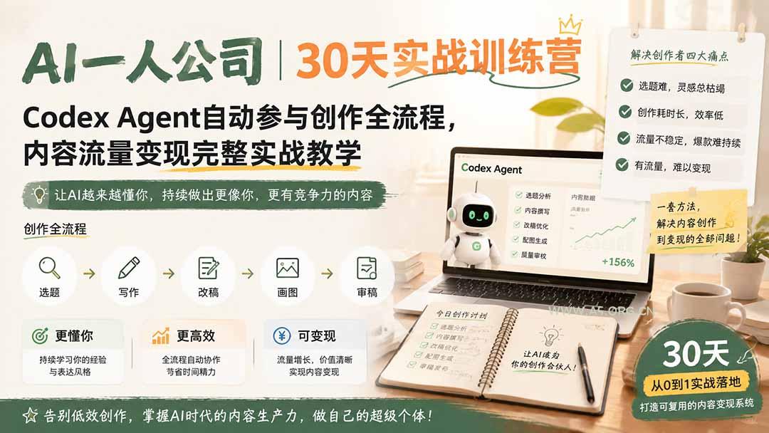 AI一人公司|30天实战训练营;Codex Agent自动参与创作全流程,内容流量变现完整实战教学-小红泡