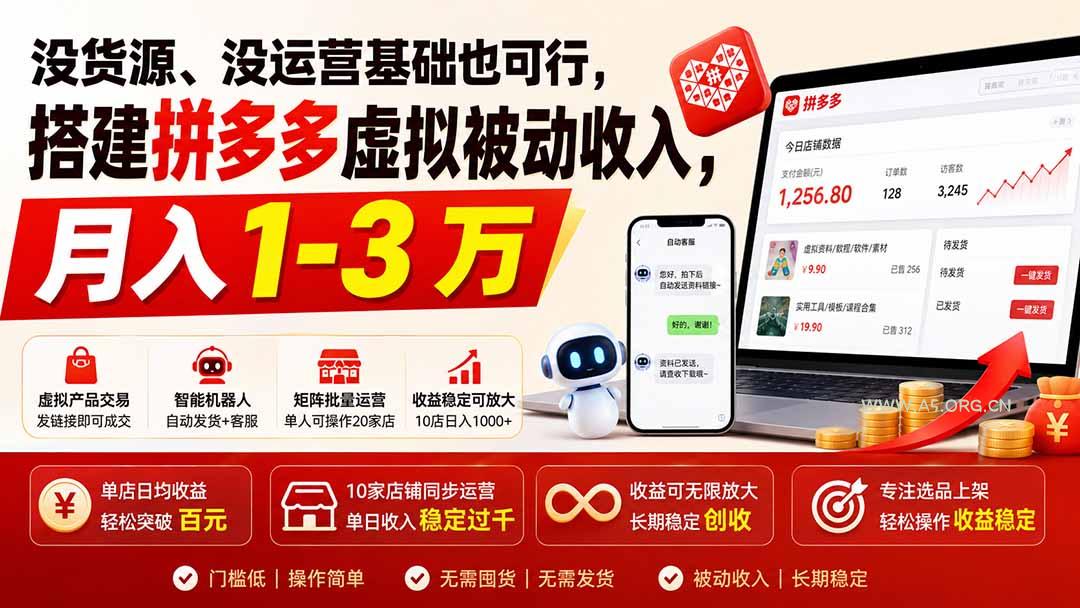 没货源、没运营基础也可行,搭建多多虚拟被动收入,月入 1-3 万-小红泡