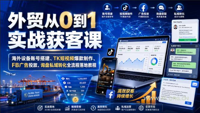 外贸从0到1实战获客课|海外设备账号搭建、TK短视频爆款制作、FB广告投放、询盘私域转化全流程落地教程-小红泡