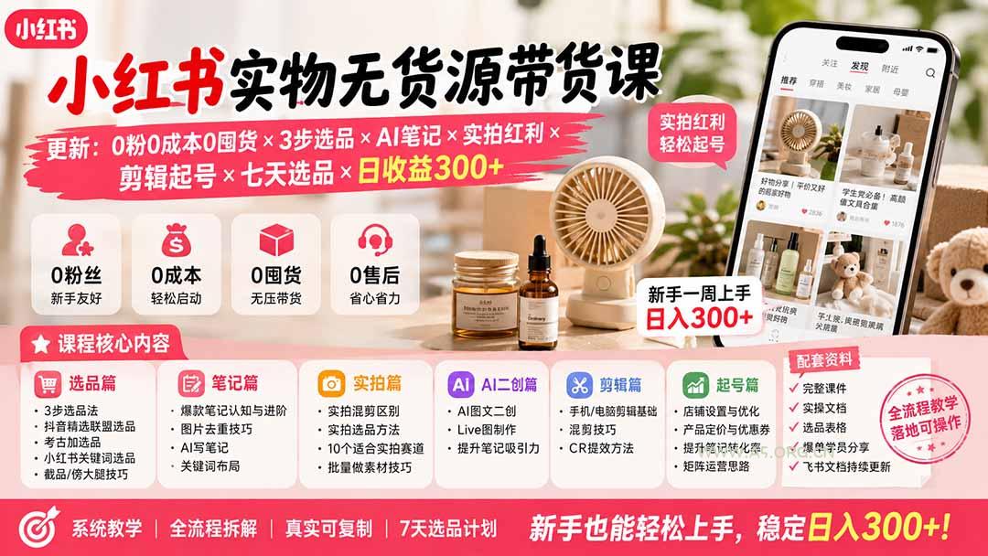小红书实物无货源带货课-更新:0粉0成本0囤货×3步选品×AI笔记×实拍红利×剪辑起号×七天选品×日收益300+-小红泡