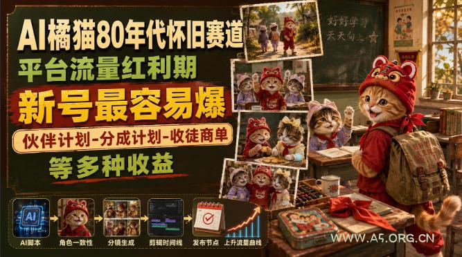 AI橘猫80年代怀旧赛道,平台流量红利期,新号最容易爆,伙伴计划-分成计划-收徒商单等多种收益-小红泡