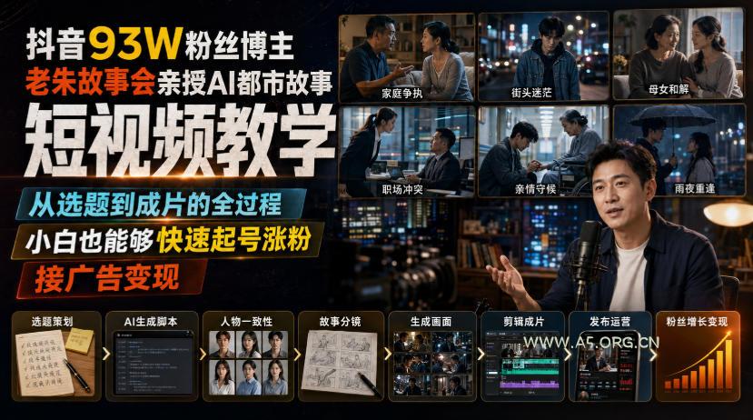 抖音93W粉丝博主老朱故事会亲授AI都市故事短视频教学,从选题到成片的全过程,小白也能够快速起号涨粉接广告变现-小红泡