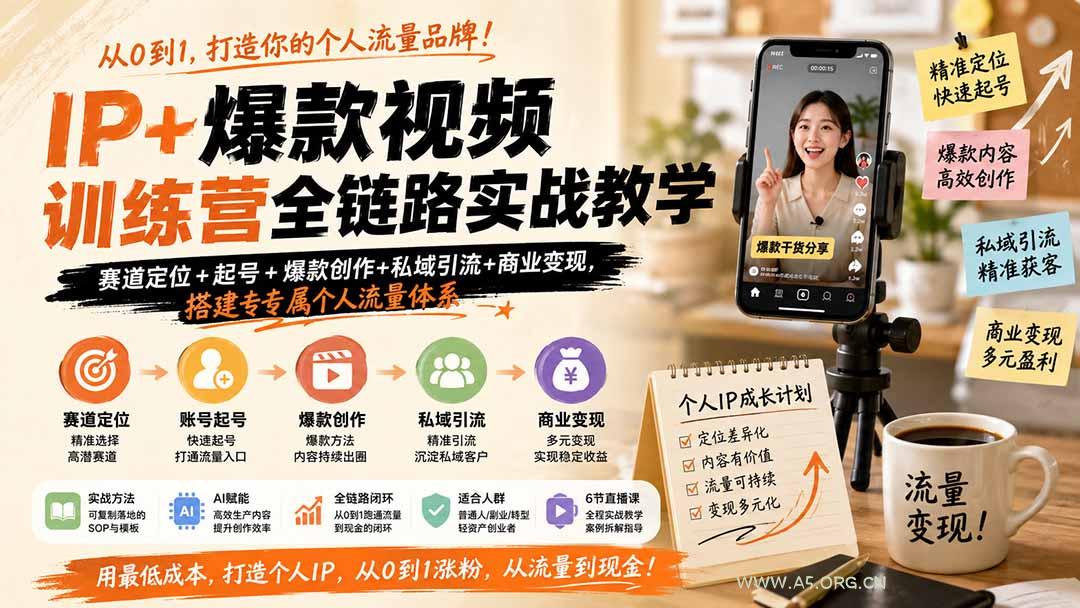 IP+爆款视频训练营全链路实战教学；赛道定位+起号+爆款创作+私域引流+商业变现，搭建专属个人流量体系-小红泡