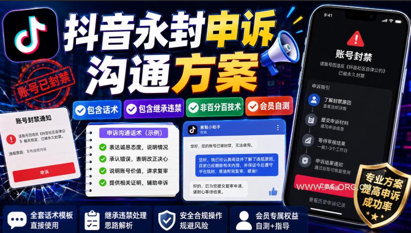 抖音永封申诉沟通方案,包含话术,包含继承违禁,非百分百技术,会员自测-小红泡