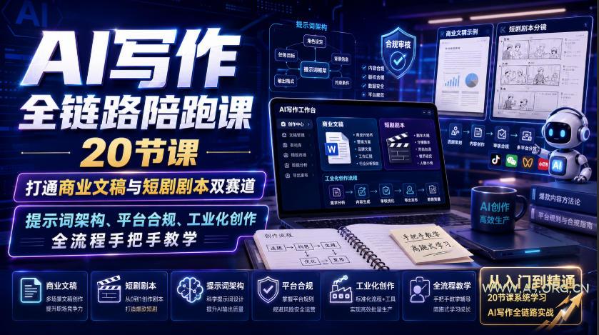 AI写作全链路陪跑课｜20节课打通商业文稿与短剧剧本双赛道，提示词架构、平台合规、工业化创作全流程手把手教学-小红泡