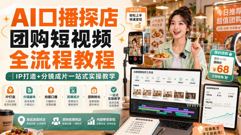 AI口播探店团购短视频全流程教程|IP打造+分镜成片一站式实操教学-小红泡