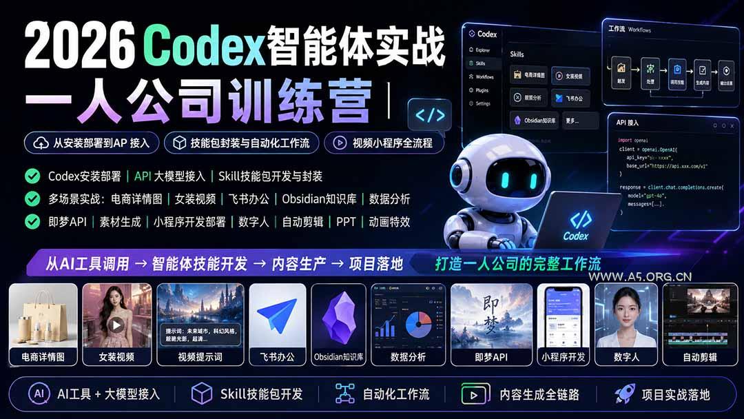 2026Codex智能体实战｜一人公司训练营｜从安装部署到API接入｜技能包封装与自动化工作流｜视频小程序全流程-小红泡