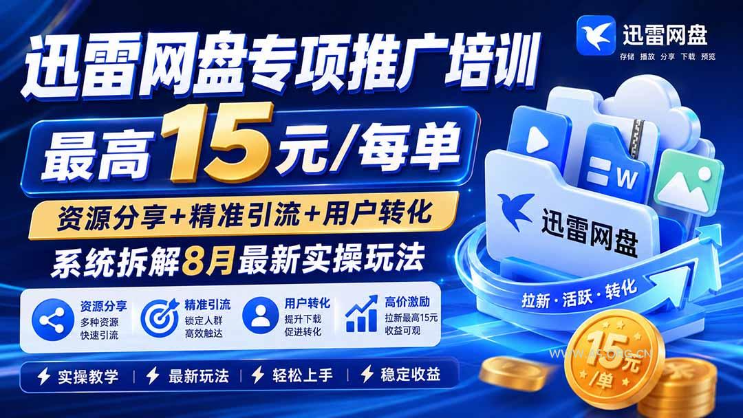 迅雷网盘专项推广培训-更新8月——最高15元/每单，资源分享+精准引流+用户转化，系统拆解最新实操玩法-小红泡