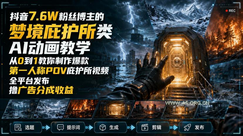 抖音7.6W粉丝博主的梦境庇护所类AI动画教学,从0到1教你制作爆款第一人称POV庇护所视频,全平台发布撸广告分成收益-小红泡