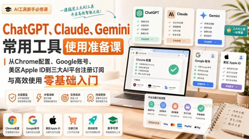 ChatGPT、Claude、Gemini常用工具使用准备课|从Chrome配置、Google账号、美区Apple ID到三大AI平台注册订阅与高效使用零基础入门-小红泡