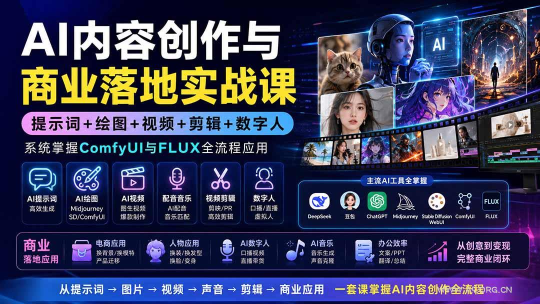 AI内容创作与商业落地实战课:提示词+绘图+视频+剪辑+数字人,系统掌握ComfyUI与FLUX全流程应用-小红泡