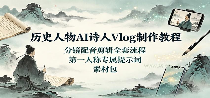 历史人物AI诗人Vlog制作教程:分镜配音剪辑全套流程,第一人称专属提示词素材包-小红泡