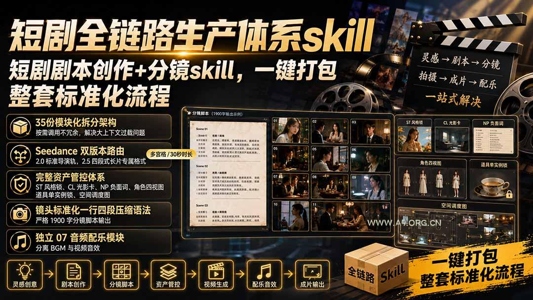 短剧全链路生产体系skill，短剧剧本创作+分镜skill，一键打包，整套标准化流程-小红泡