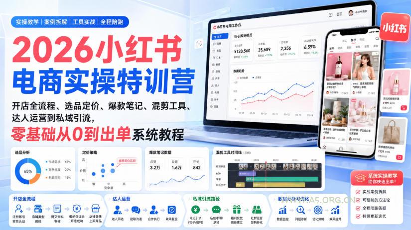 2026小红书电商实操特训营｜开店全流程、选品定价、爆款笔记、混剪工具、达人运营到私域引流，零基础从0到出单系统教程-小红泡