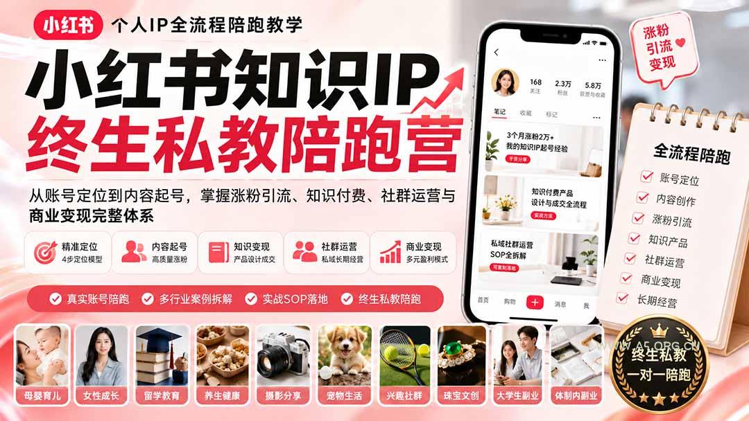 小红书知识IP终生私教陪跑营:从账号定位到内容起号,掌握涨粉引流、知识付费、社群运营与商业变现完整体系-小红泡