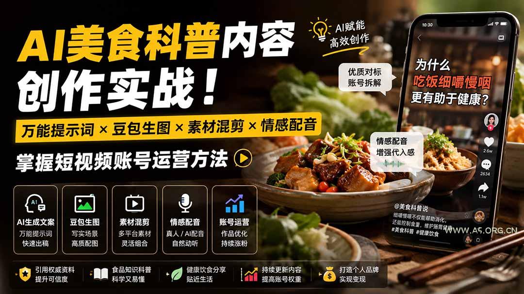 外面卖199元-AI美食科普内容创作实战！万能提示词×豆包生图×素材混剪×情感配音，掌握短视频账号运营方法-小红泡