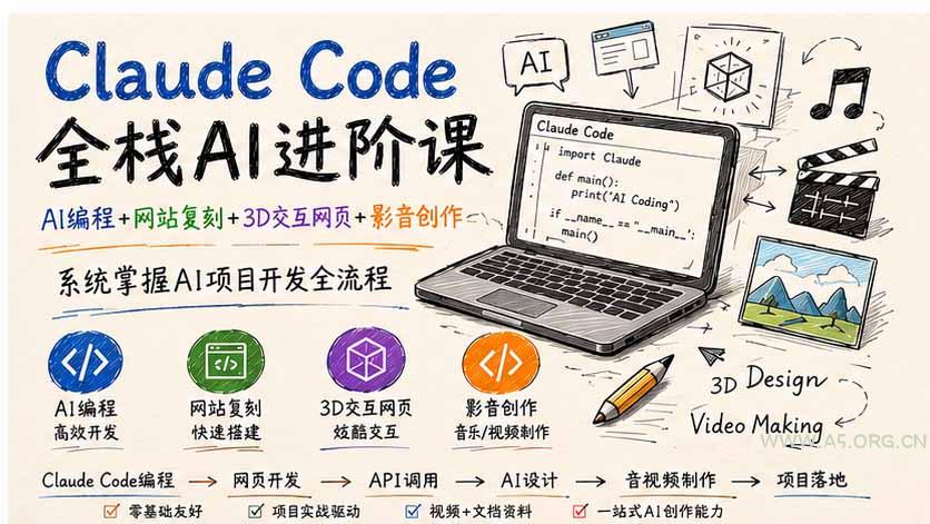 Claude Code全栈AI进阶课;AI编程+网站复刻+3D交互网页+影音创作,系统掌握AI项目开发全流程-小红泡