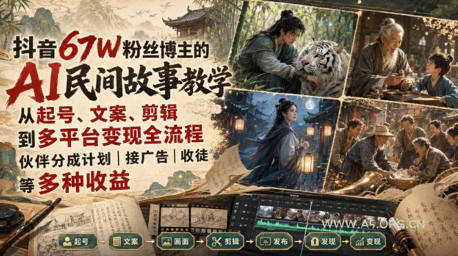 抖音67W粉丝博主的AI民间故事教学,从起号、文案、剪辑到多平台变现全流程,伙伴分成计划接广告等多种收益,月入1W+-小红泡