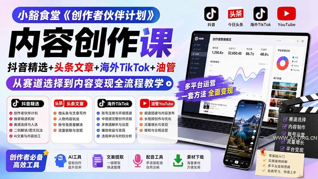 小豁食堂《创作者伙伴计划》内容创作课:抖音精选+头条文章+海外TikTok+油管,从赛道选择到内容变现全流程教学-小红泡