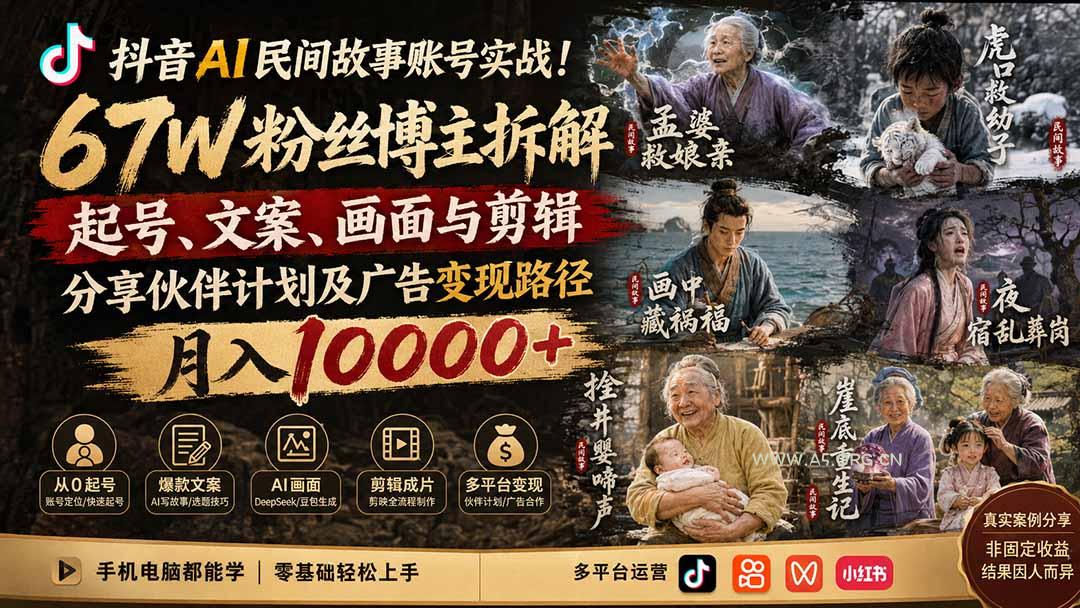 抖音AI民间故事账号实战!67W粉丝博主拆解起号、文案、画面与剪辑,分享伙伴计划及广告变现路径,月入10000+-小红泡