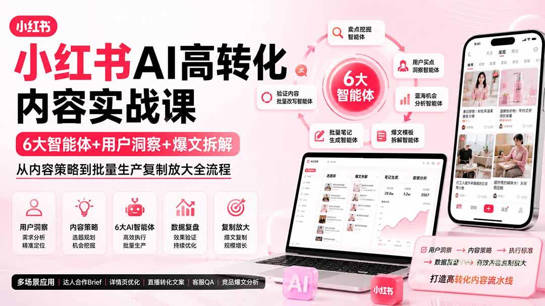 小红书AI高转化内容实战课：6大智能体+用户洞察+爆文拆解，从内容策略到批量生产复制放大全流程-小红泡