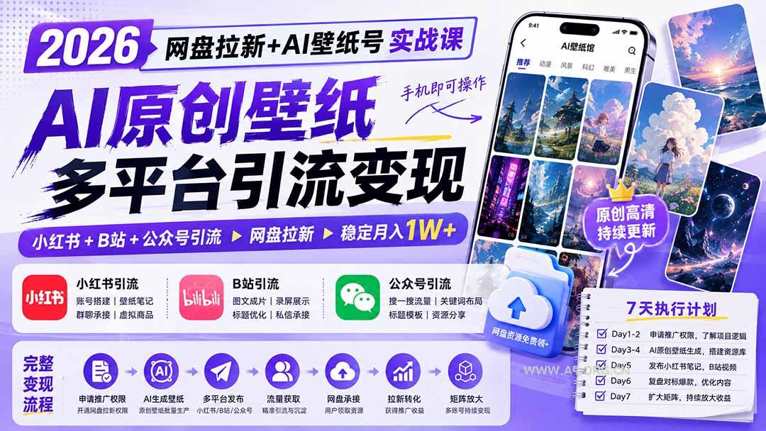 2026网盘拉新+AI壁纸号实战课:AI原创壁纸+小红书+B站+公众号引流,手机即可操作,月入1W+-小红泡