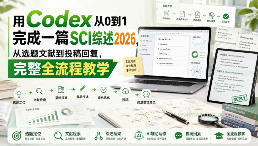 用Codex从0到1完成一篇SCI综述2026,从选题文献到投稿回复,完整全流程教学-小红泡