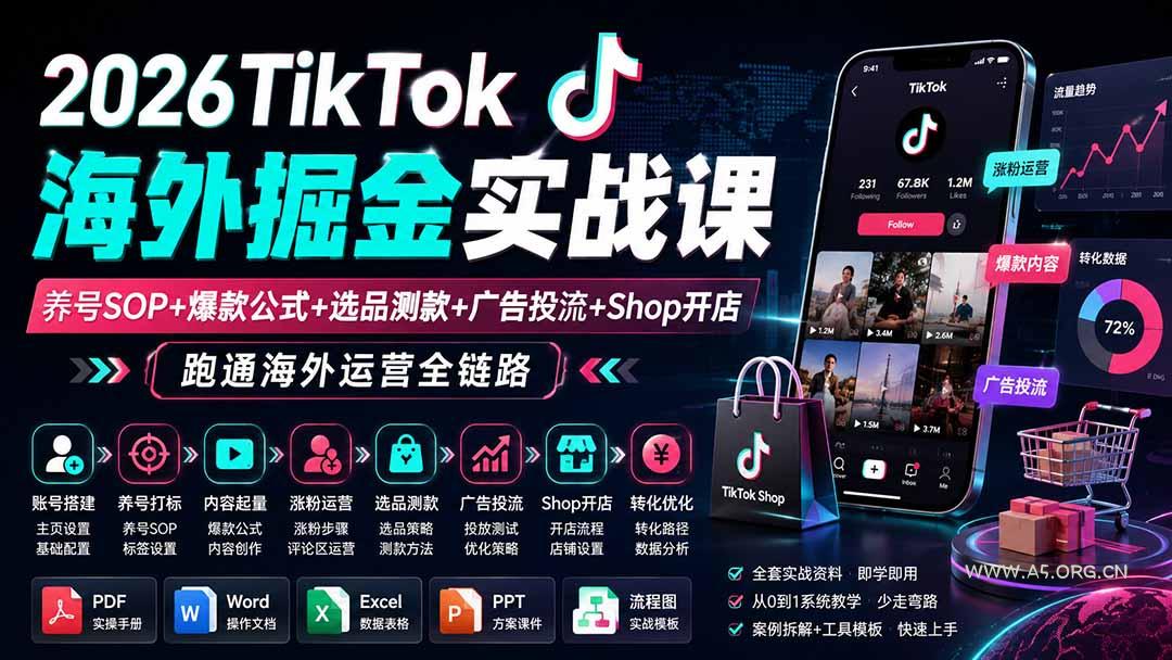 2026TikTok海外掘金实战课——养号SOP+爆款公式+选品测款+广告投流+Shop开店，跑通海外运营全链路-小红泡