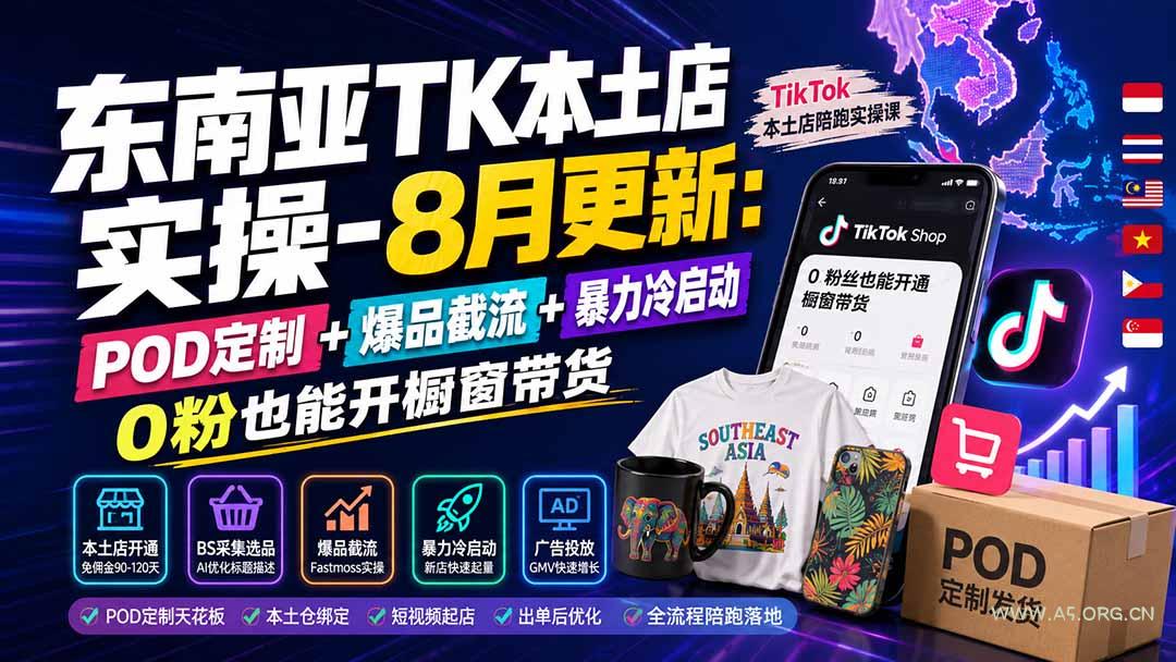 东南亚TK本土店实操-8月更新:POD定制+爆品截流+暴力冷启动,0粉也能开橱窗带货-小红泡