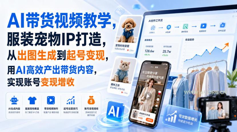 AI带货视频教学,服装宠物IP打造,从出图生成到起号变现,用AI高效产出带货内容,实现账号变现增收-小红泡