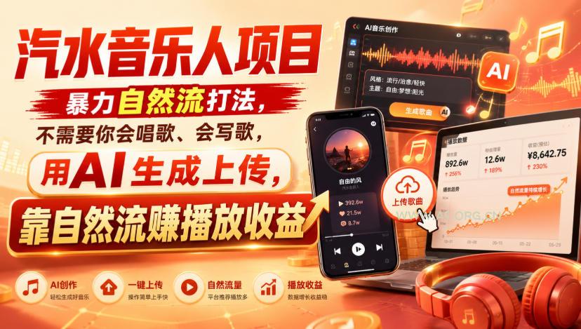 汽水音乐人项目，暴力自然流打法，不需要你会唱歌、会写歌，用AI生成上传，靠自然流賺播放收益-小红泡