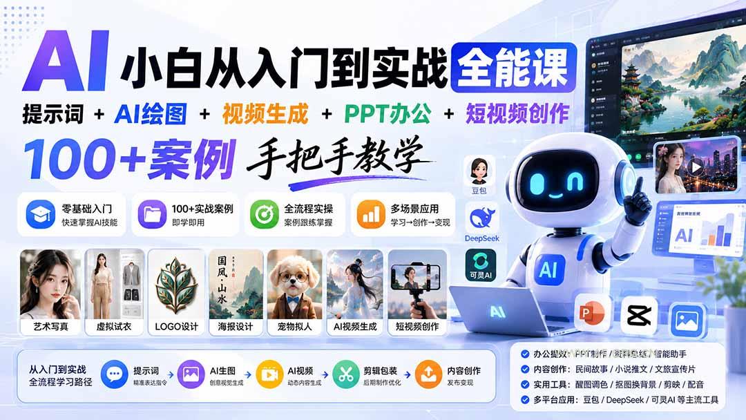 AI小白从入门到实战全能课:提示词+AI绘图+视频生成+PPT办公+短视频创作,100+案例手把手教学-小红泡