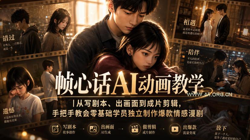 帧心话AI动画教学|从写剧本、出画面到成片剪辑,手把手教会零基础学员独立制作爆款情感漫剧-小红泡