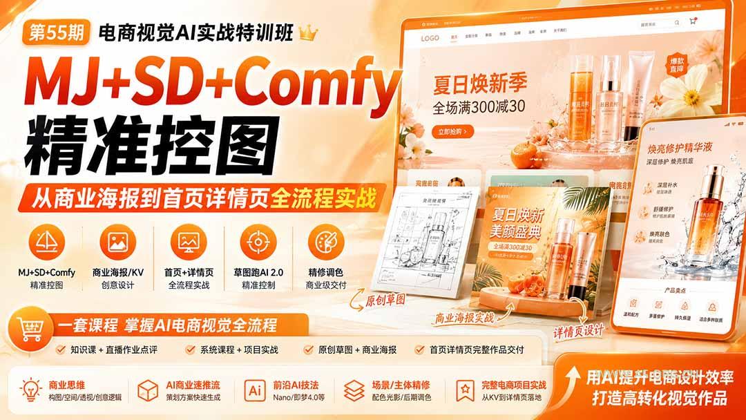 电商视觉 AI实战训练营第55期:MJ+SD+Comfy精准控图,从商业海报到首页详情页全流程实战-小红泡