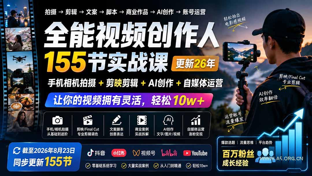 全能视频创作人155节实战课-更新26年8月：手机相机拍摄+剪映剪辑+AI创作+自媒体运营，让你的视频拥有灵活，轻松10w-小红泡