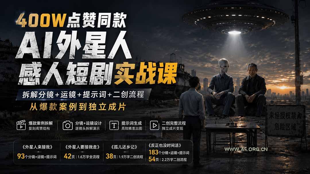 400W点赞同款AI外星人感人短剧实战课：拆解分镜+运镜+提示词+二创流程，从爆款案例到独立成片-小红泡