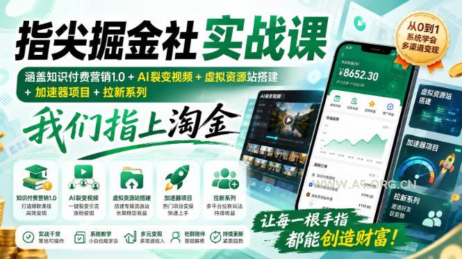 指尖掘金社实战课,涵盖知识付费营销1.0+AI裂变视频+虚拟资源站搭建+加速器项目+拉新系列,我们指上淘金!-小红泡