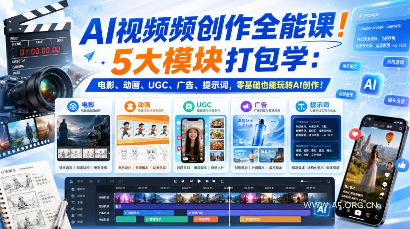 AI视频频创作全能课！5大模块打包学：电影、动画、UGC、广告、提示词，零基础也能玩转AI创作！【原创双语字幕】-小红泡