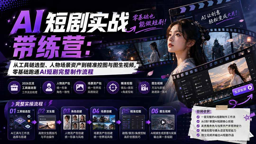 AI短剧实战训练营:从工具链选型、人物场景资产到精准控图与图生视频,零基础跑通AI短剧完整制作流程-小红泡