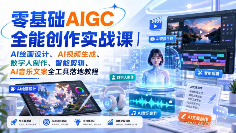 零基础AIGC全能创作实战课｜AI绘画设计、AI视频生成、数字人制作、智能剪辑、AI音乐文案全工具落地教程-小红泡