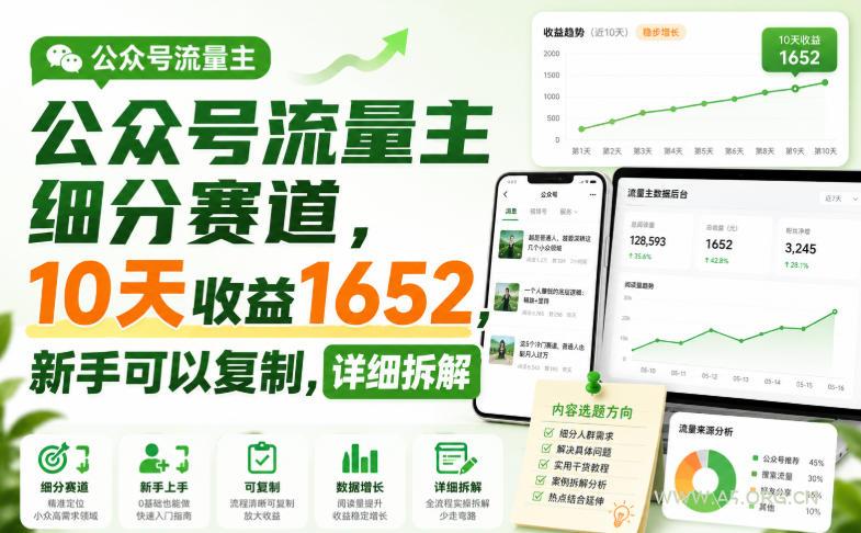 公众号流量主细分赛道，10天收益1652，新手可以复制，详细拆解-小红泡