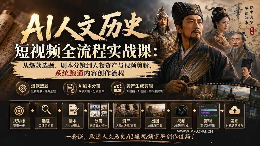 AI人文历史短视频全流程实战课:从爆款选题、剧本分镜到人物资产与视频剪辑,系统跑通内容创作流程-小红泡