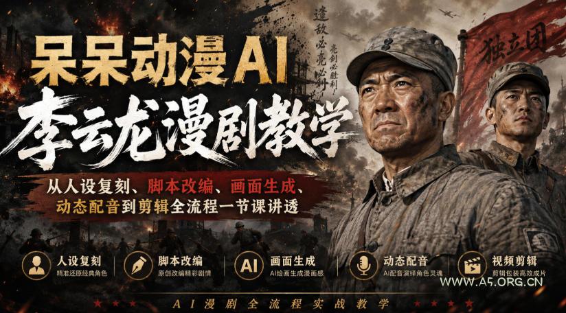 呆呆动漫AI李云龙漫剧教学,从人设复刻、脚本改编、画面生成、动态配音到剪辑全流程一节课讲透-小红泡
