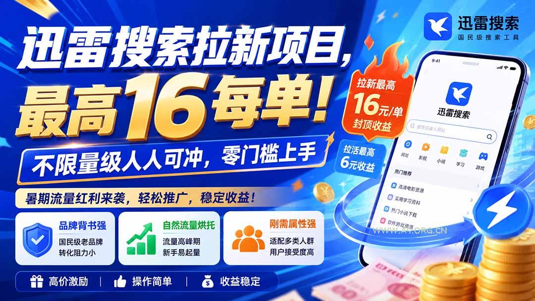 迅雷搜索拉新项目-更新8月，最高16元/每单！不限量级人人可冲，零门槛上手-小红泡