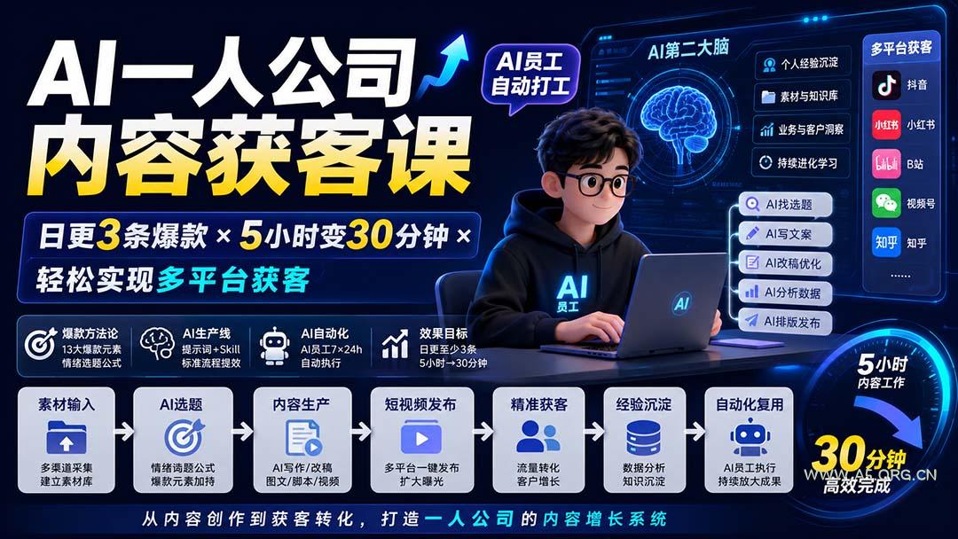 AI一人公司内容获客课-更新8月：日更3条爆款×5小时变30分钟×AI员工自动打工，轻松实现多平台获客-小红泡