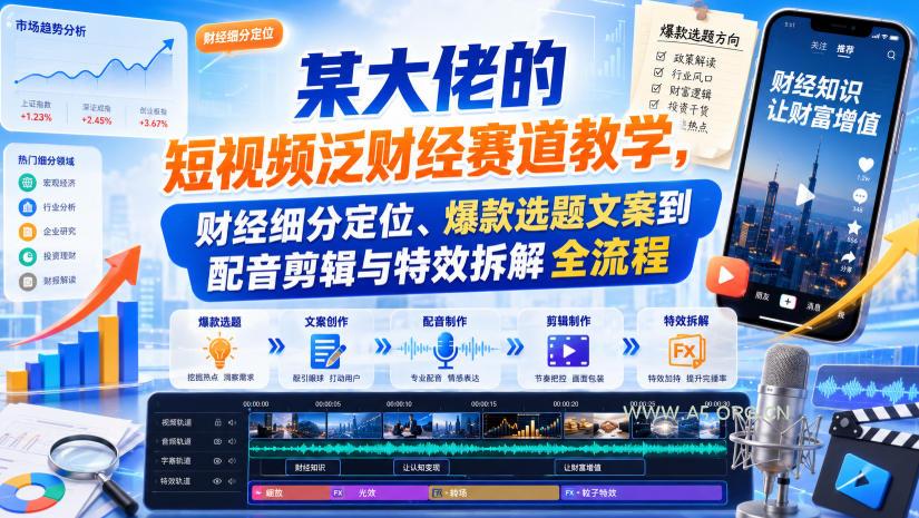 某大佬的短视频泛财经赛道教学，财经细分定位、爆款选题文案到配音剪辑与特效拆解全流程-小红泡