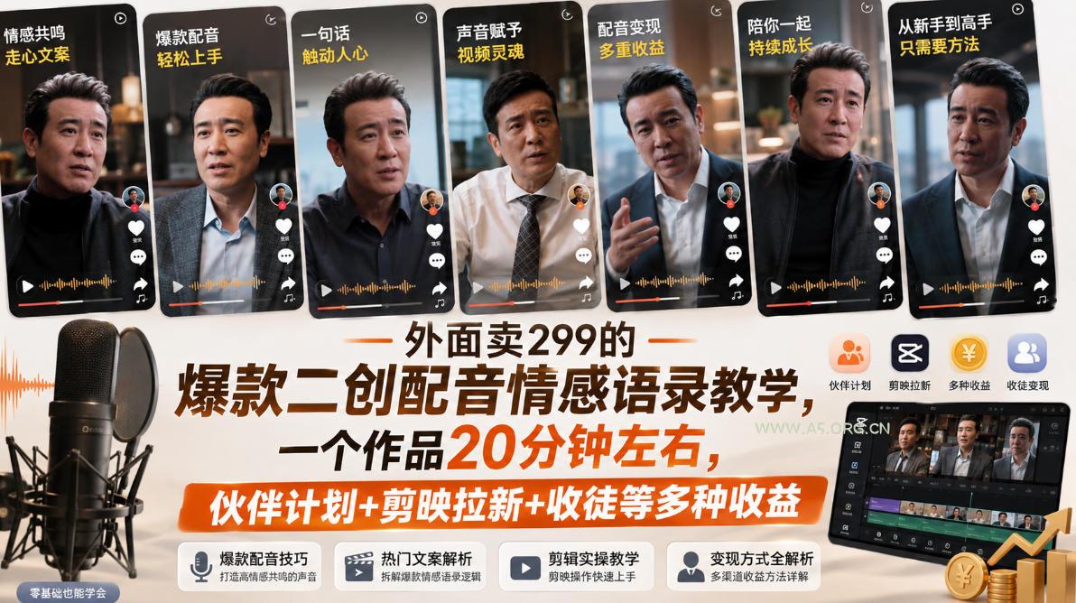 外面卖299的爆款二创配音情感语录教学，一个作品20分钟左右，伙伴计划+剪映拉新+收徒等多种收益-小红泡