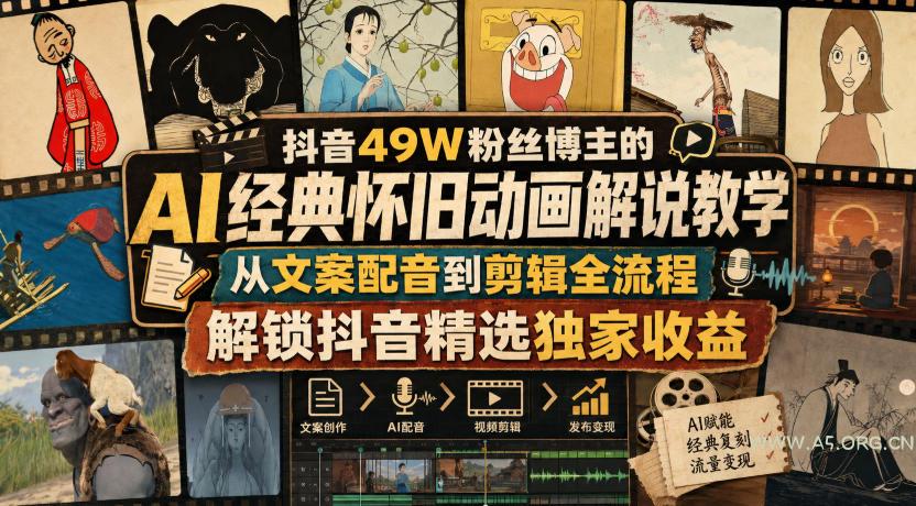 抖音49W粉丝博主的AI经典怀旧动画解说教学,从文案配音到剪辑全流程,解锁抖音精选独家收益-小红泡