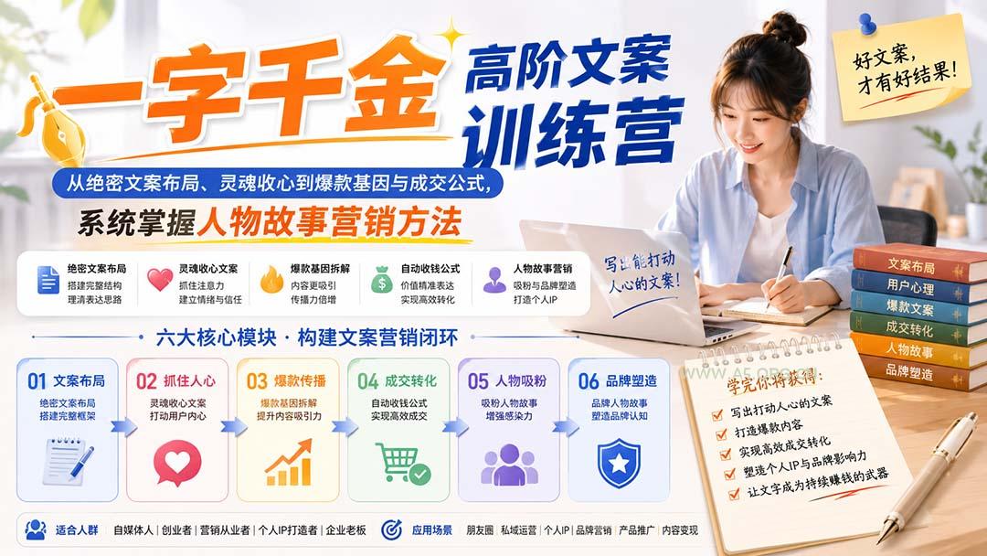 一字千金高阶文案训练营:从绝密文案布局、灵魂收心到爆款基因与成交公式,系统掌握人物故事营销方法-小红泡