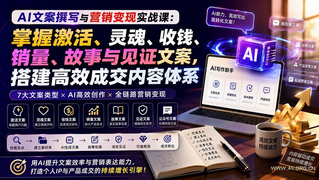 AI文案撰写与营销变现实战课：掌握激活、灵魂、收钱、销量、故事与见证文案，搭建高效成交内容体系-小红泡